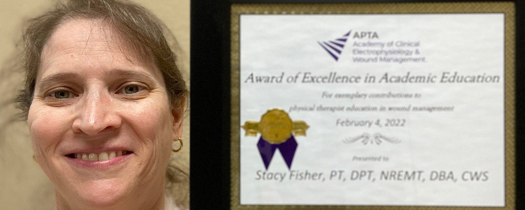 Dr. Fisher holding her Award of Excellence in Academic Education